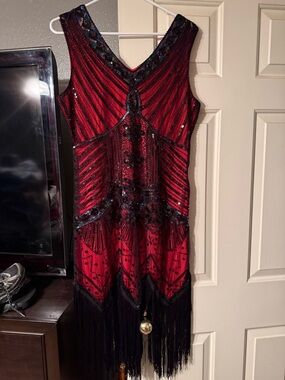 Red Sequin Flapper Dress with Fringe